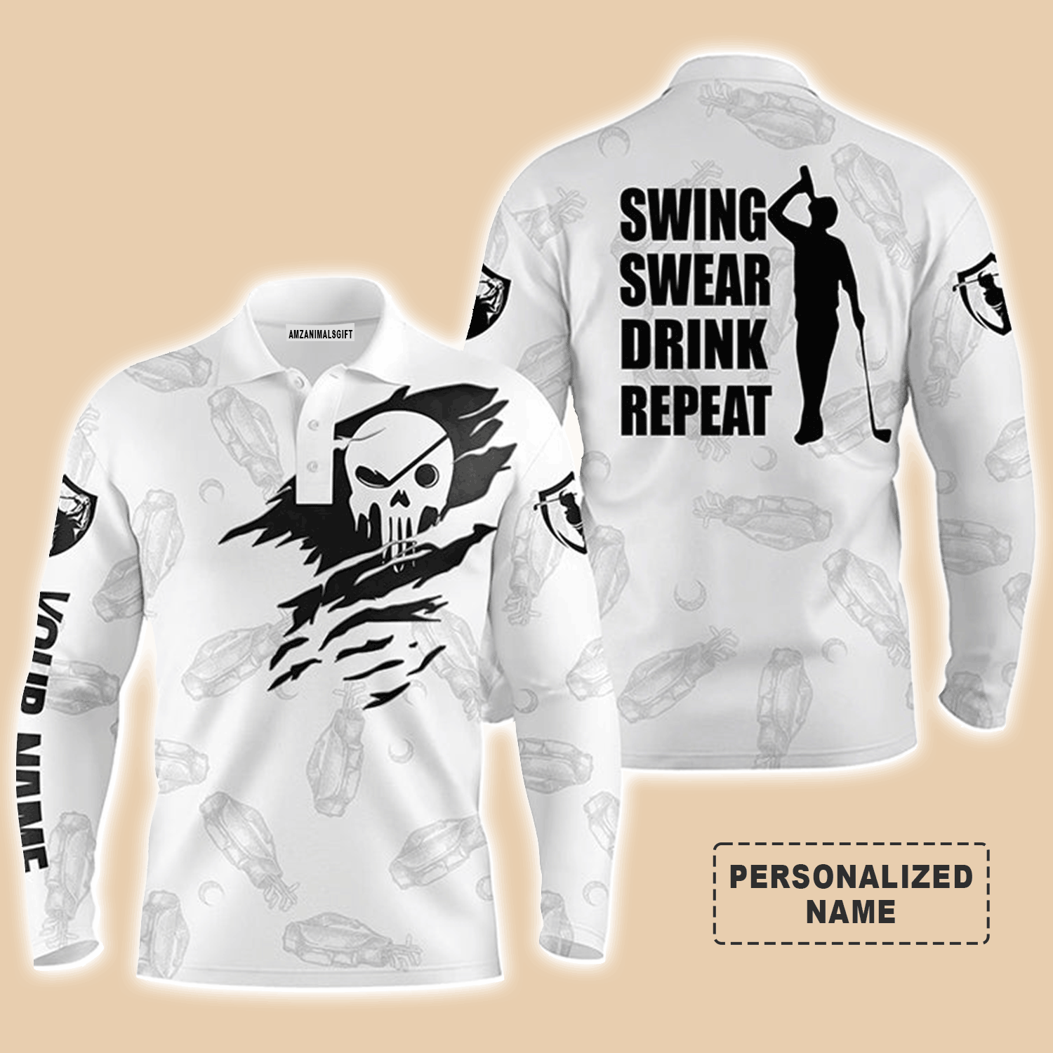 Custom Golf Long Sleeve Men Polo Shirt- Custom Name Skull - Swing Swear Drink Repeat Men Polo Shirt - Perfect Polo Shirt For Men, Golf Lover