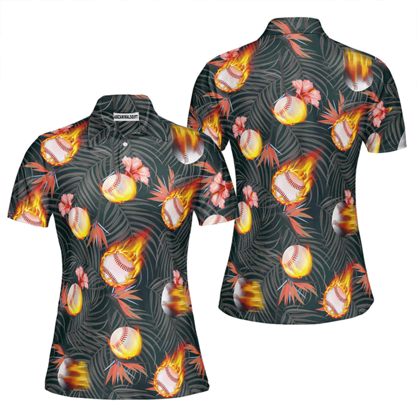 Baseball Women Polo Shirt, Baseball Fire Tropical Polo Shirt For Women, Perfect Polo Shirt For Baseball Lovers
