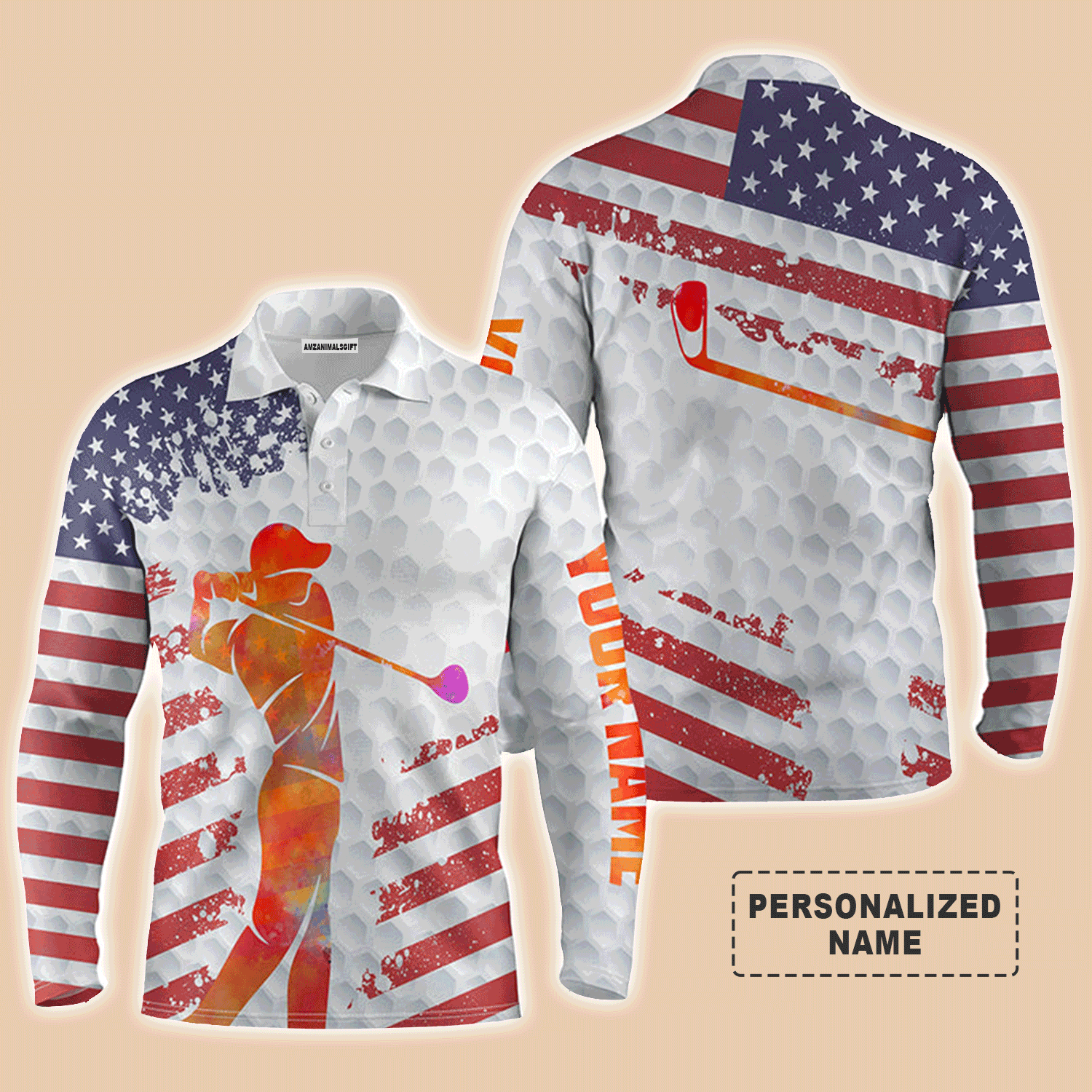 Custom Golf Long Sleeve Men Polo Shirt - Custom Name American Flag 4th of July White Golf Balls Skin Men Polo Shirt For Golf Lover