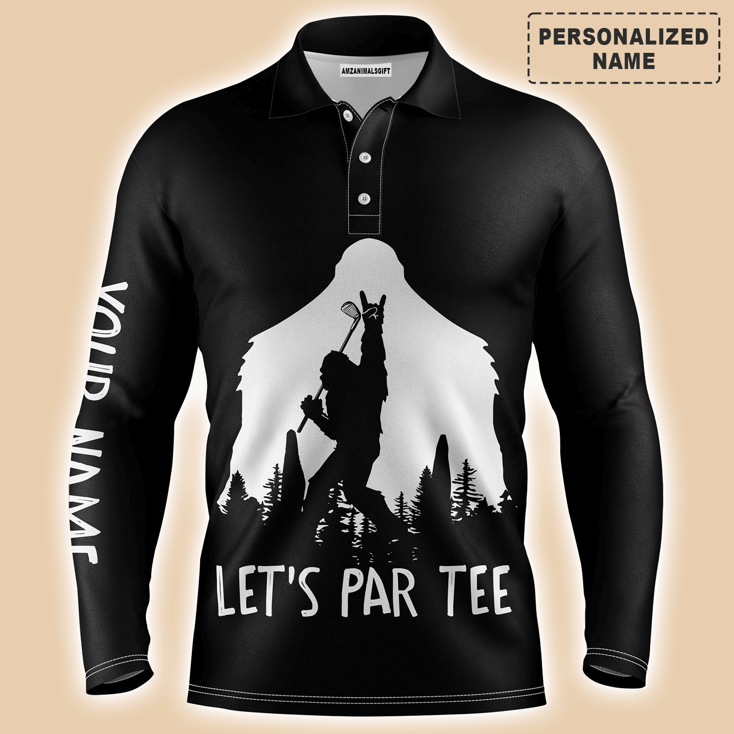 Custom Golf Long Sleeve Men Polo Shirt, Custom Name Funny Bigfoot Let's Par Tee Black Apparel - Perfect Gift For Men, Golf Lover