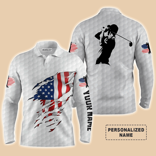 Custom Golf Long Sleeve Men Polo Shirt - Custom Name American Flag Apparel - Personalized Gift For Men, Golf Lover, 4th Of July