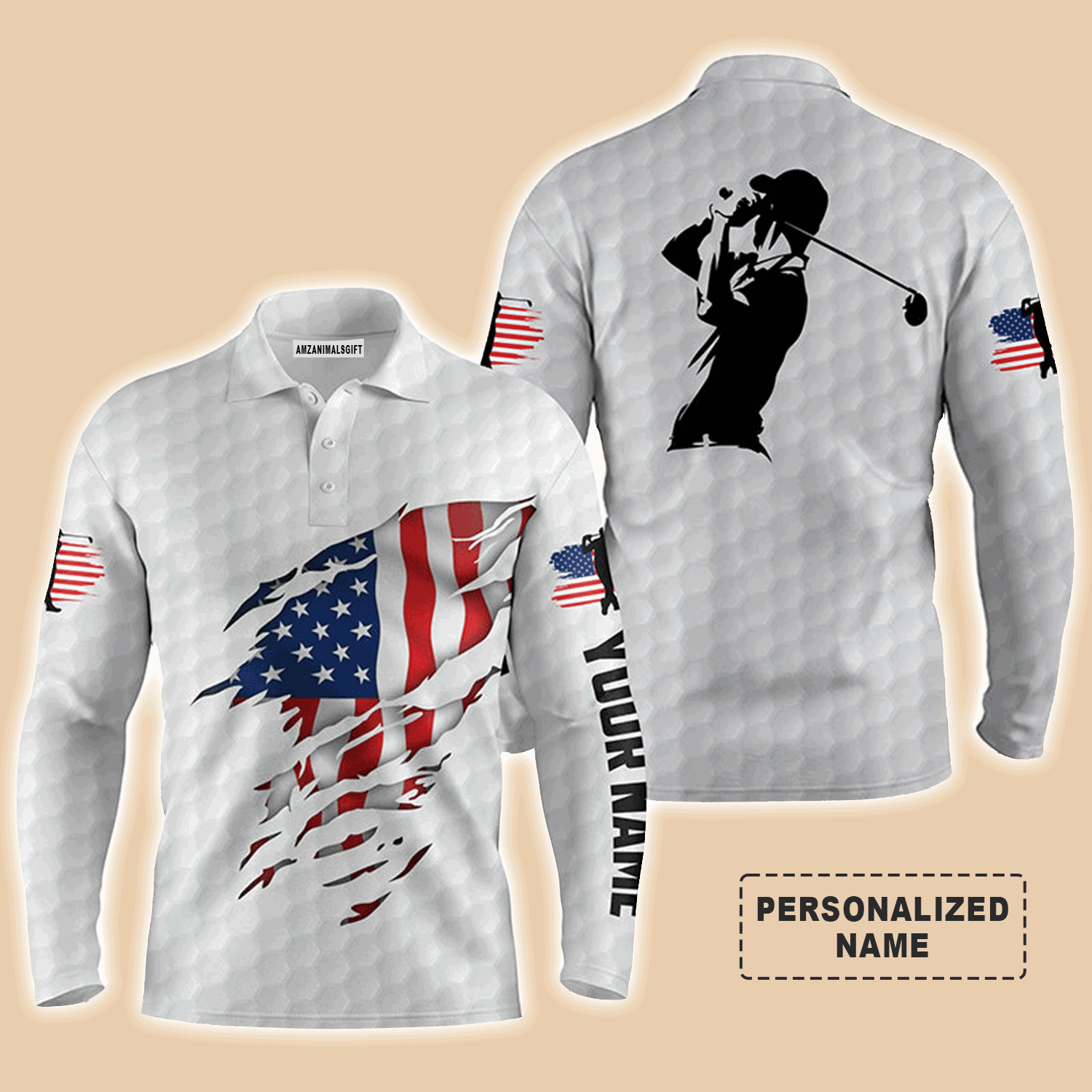 Custom Golf Long Sleeve Men Polo Shirt - Custom Name American Flag Apparel - Personalized Gift For Men, Golf Lover, 4th Of July