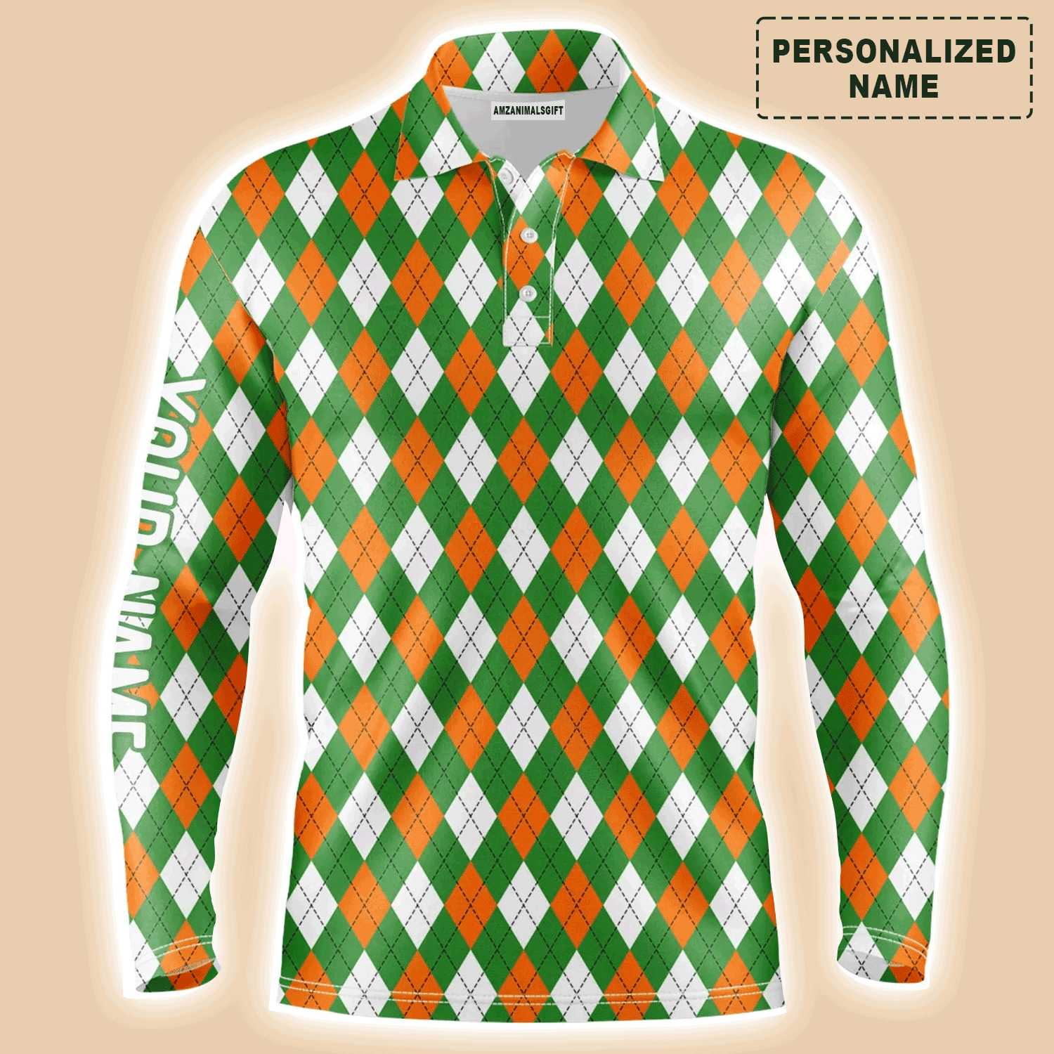Custom Golf Long Sleeve Men Polo Shirt - Custom Name Green Orange White St. Patricks Day Argyle Plaid Pattern Apparel For Men, Golf Lover
