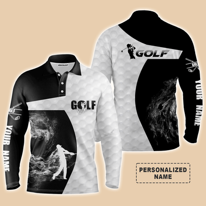 Custom Golf Long Sleeve Men Polo Shirt - Custom Name Black and White Apparel - Personalized Gift For Men, Golf Lover