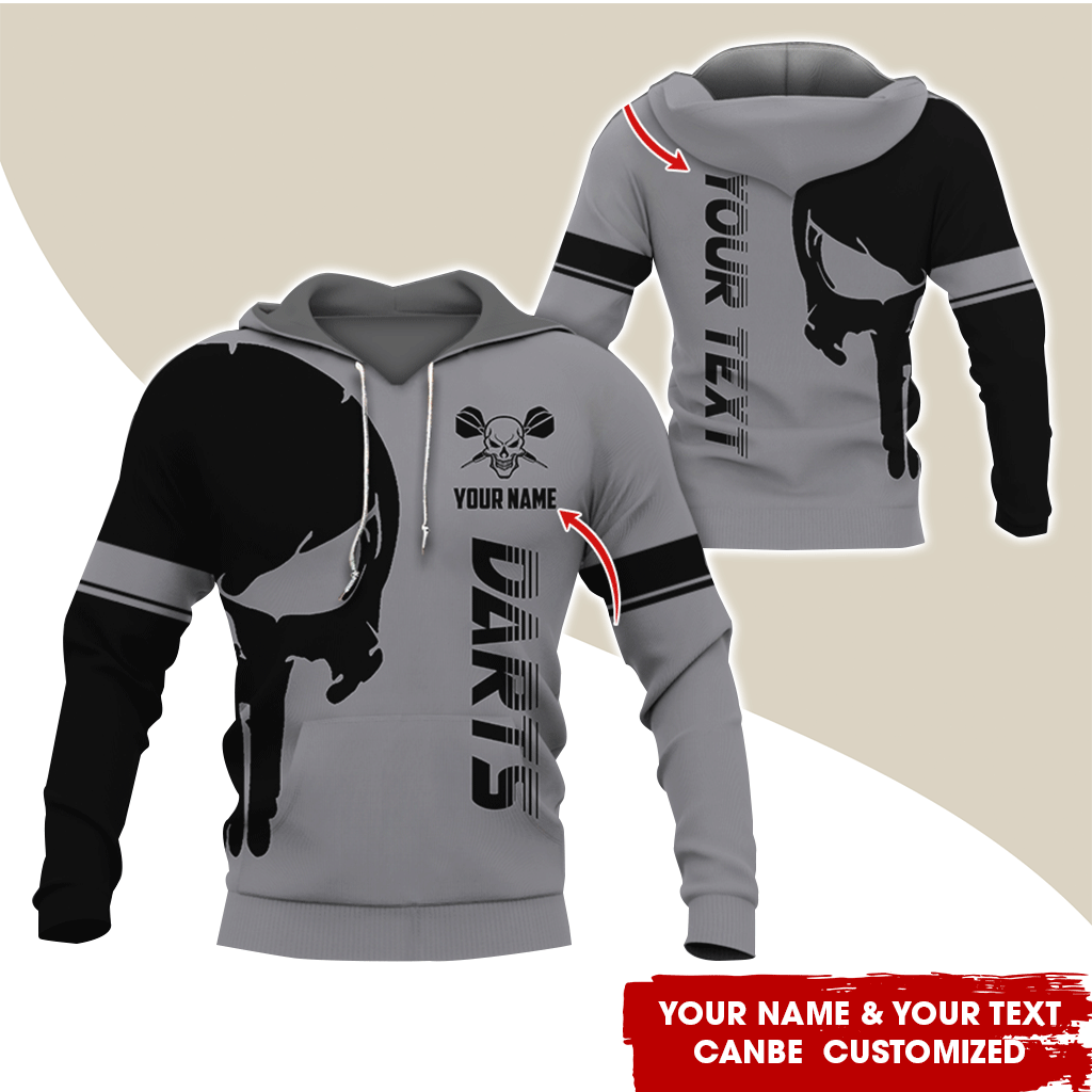 Customized Name & Text Darts Skull Premium Hoodie, Skull & Darts Pattern Hoodie, Perfect Gift For Darts Lovers, Friend, Family