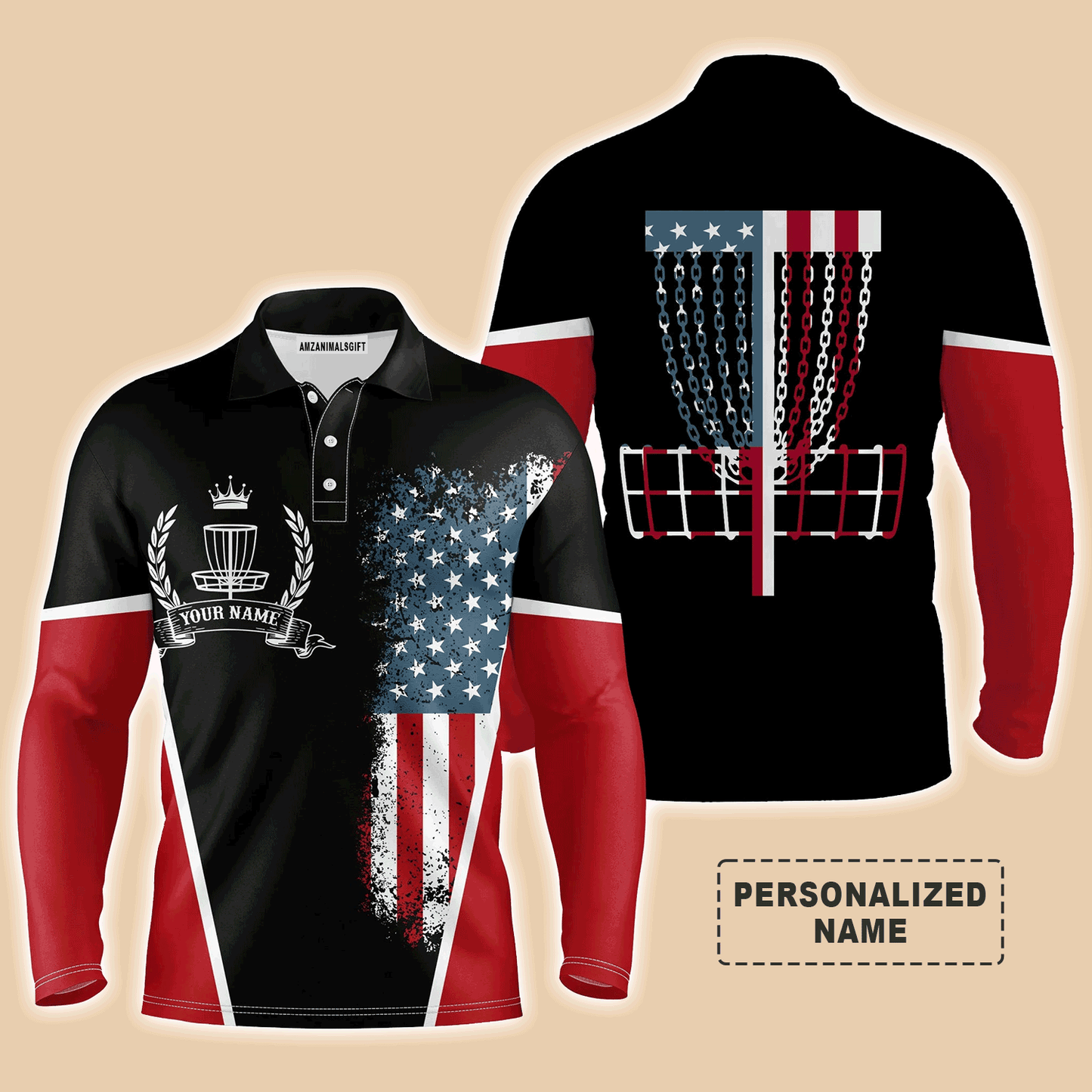 Custom Golf Disc Long Sleeve Men Polo Shirt - Custom Name American Flag with Disc Golf Basket Apparel - Best Gift For Men, Disc Golf Lover