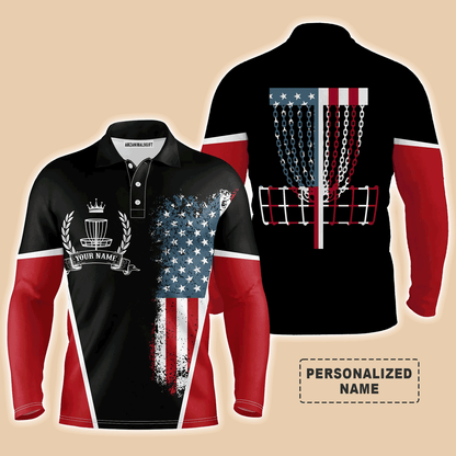 Custom Golf Disc Long Sleeve Men Polo Shirt - Custom Name American Flag with Disc Golf Basket Apparel - Best Gift For Men, Disc Golf Lover
