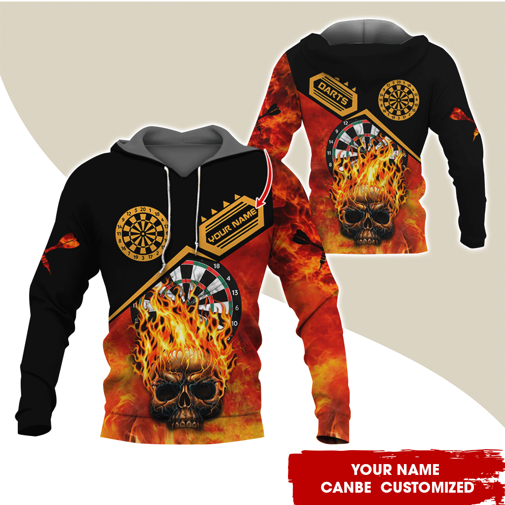 Customized Name Darts Premium Flaming Skull Hoodie, Flaming Hoodie For Men & Women, Perfect Gift For Darts Lovers, Friend, Family