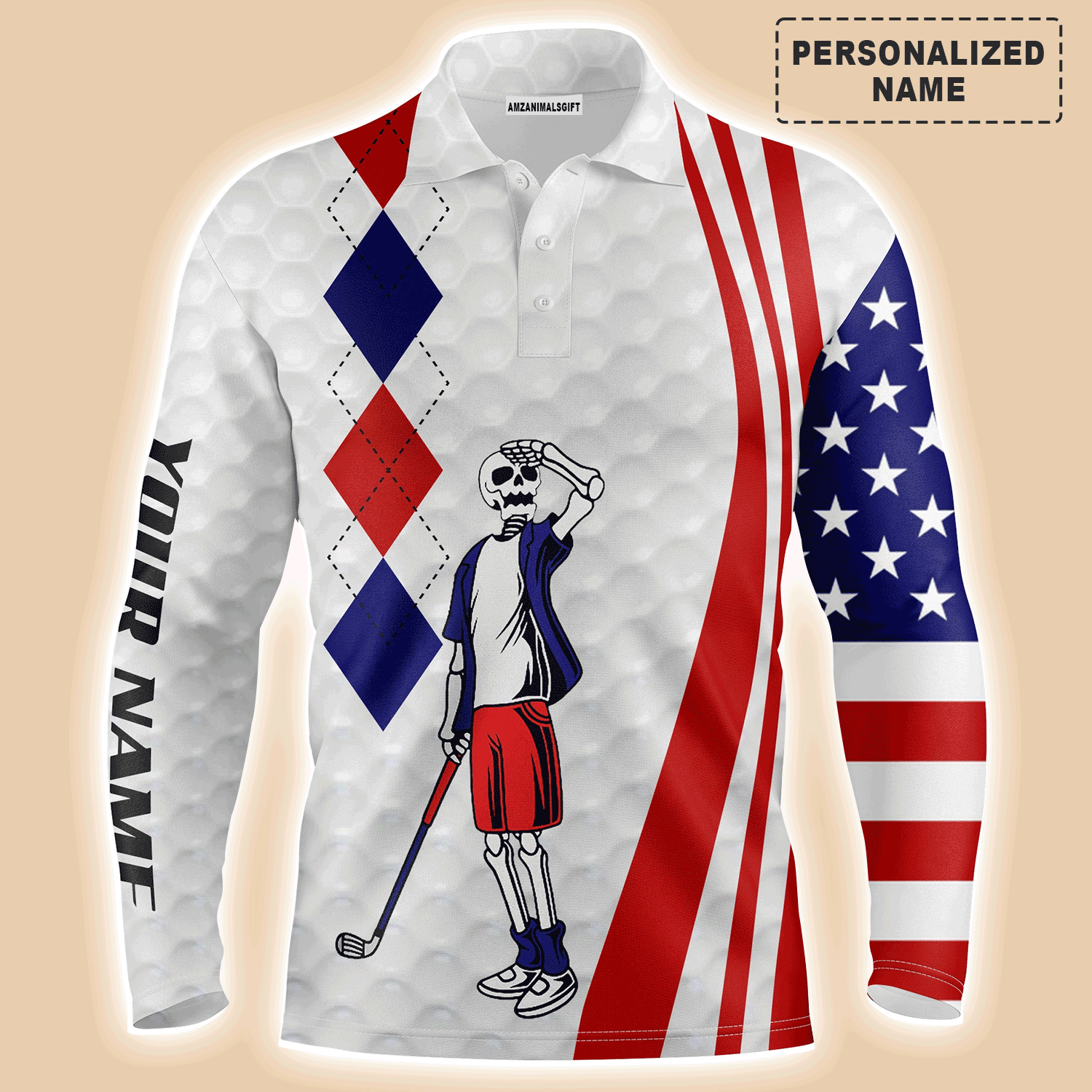 Custom Golf Long Sleeve Men Polo Shirt - American Flag 4th July Skull Custom Name Apparel Men Golf Polo Shirt For Golf Lover