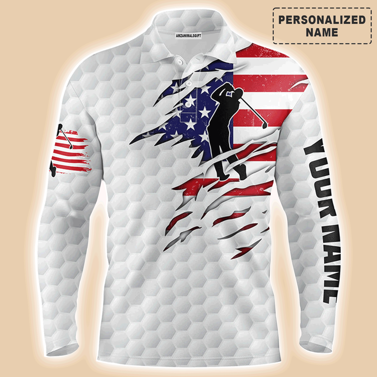 Custom Golf Long Sleeve Men Polo Shirt - Custom Name American Flag Patriot White Golf Balls Apparel For Men, Golf Lover