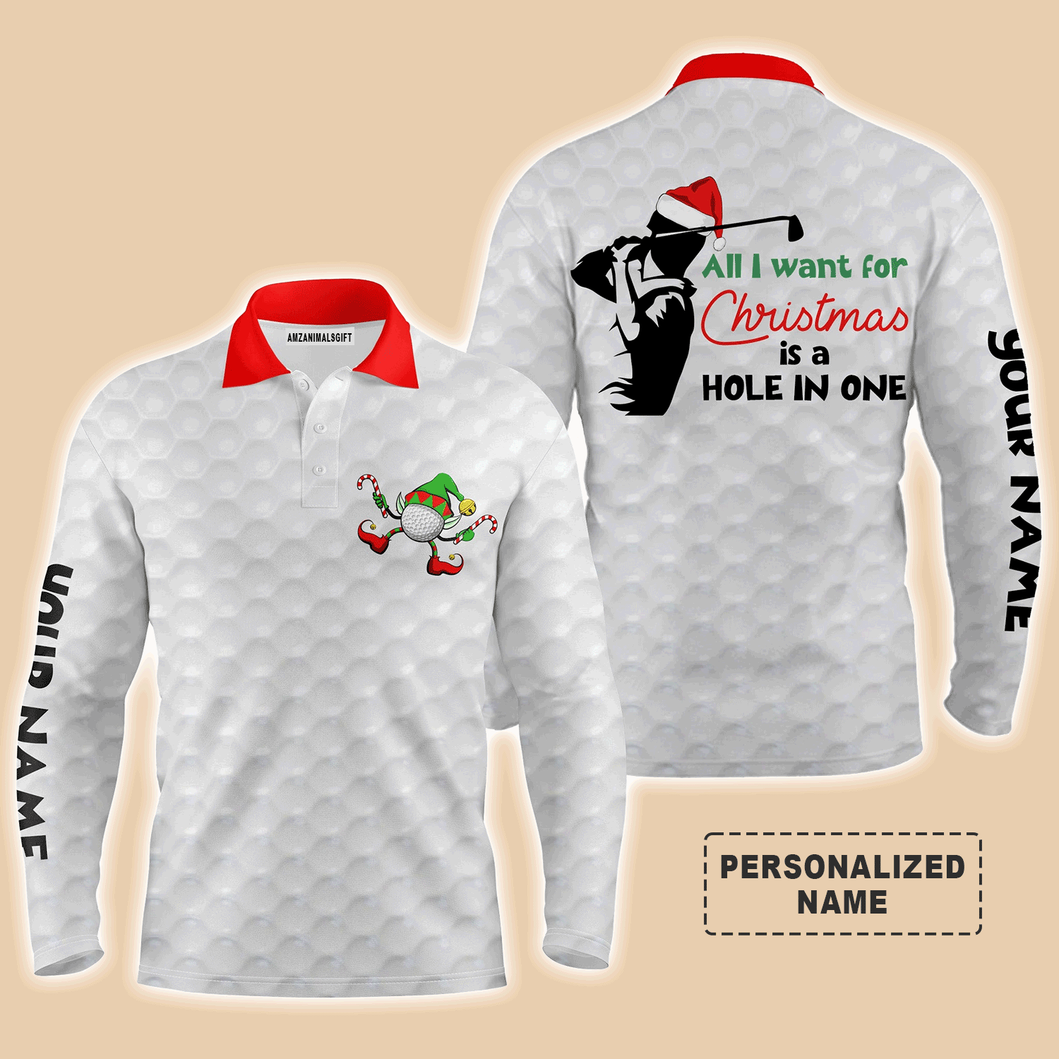 Custom Golf Long Sleeve Men Polo Shirt - Funny Christmas Golf , All I Want For Christmas Is A Hole In One Men Polo Shirt - Perfect Polo Shirt For Men