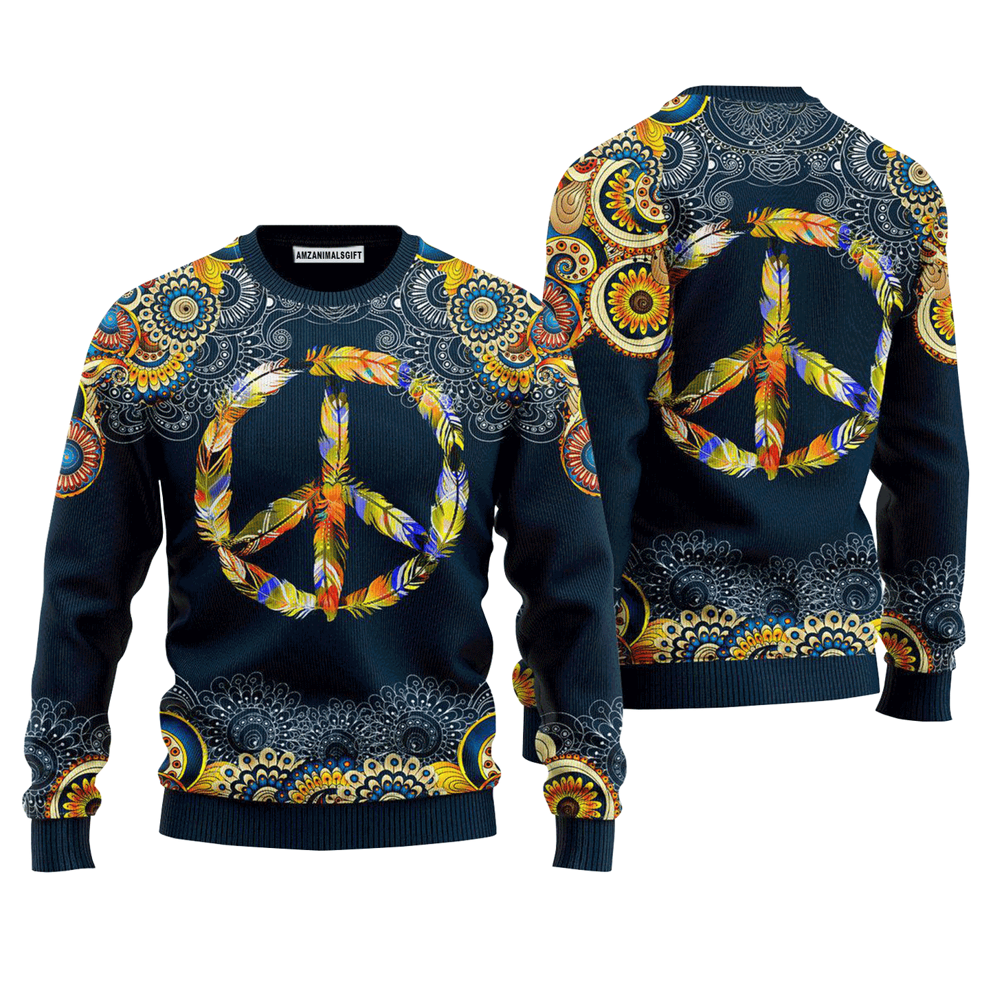 Feather Peace Sign Sweater, Ugly Sweater For Men & Women, Perfect Outfit For Christmas New Year Autumn Winter