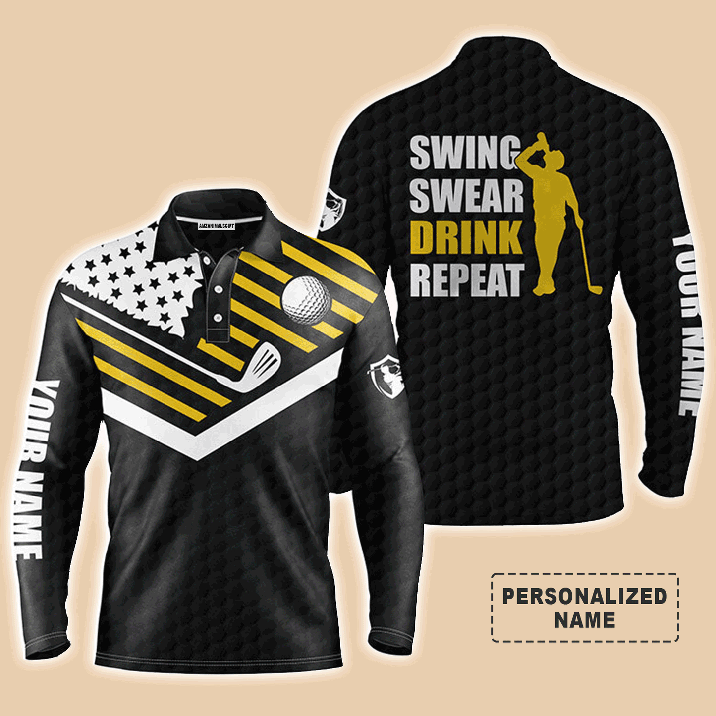 Custom Golf Long Sleeve Men Polo Shirt, Custom Name Black American Flag Swing Swear Drink Repeat Men Golf Polo Shirt For Golf Lover