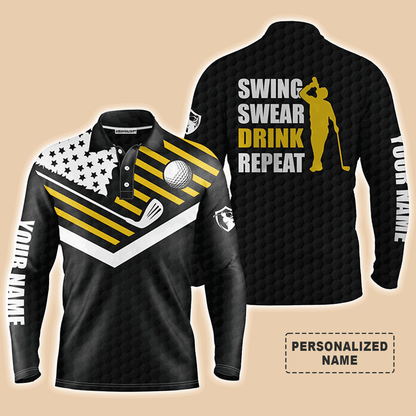 Custom Golf Long Sleeve Men Polo Shirt, Custom Name Black American Flag Swing Swear Drink Repeat Men Golf Polo Shirt For Golf Lover