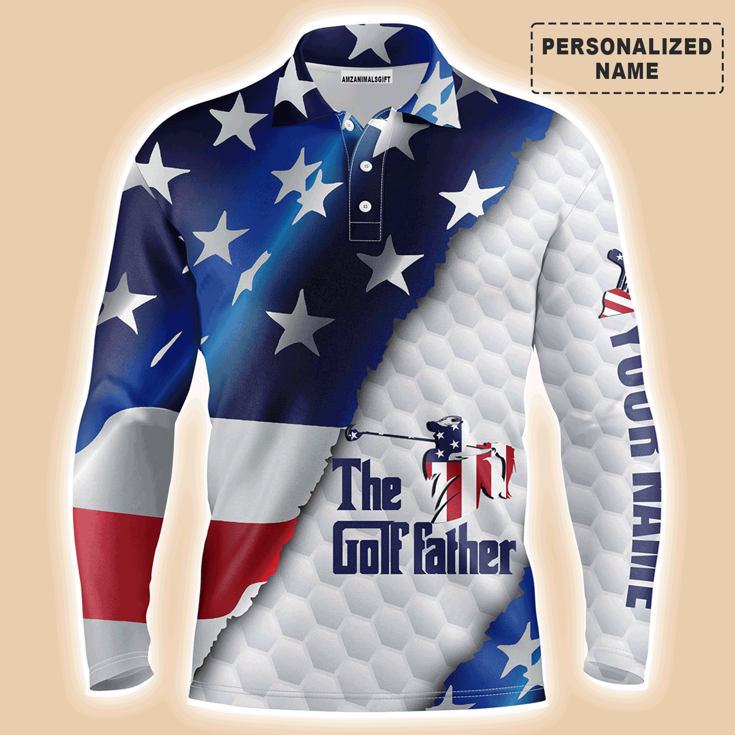 Custom Golf Long Sleeve Men Polo Shirt - Custom Name American Flag, The Golf Father Men Polo Shirt - Perfect Polo Shirt For Men, Golf lOver