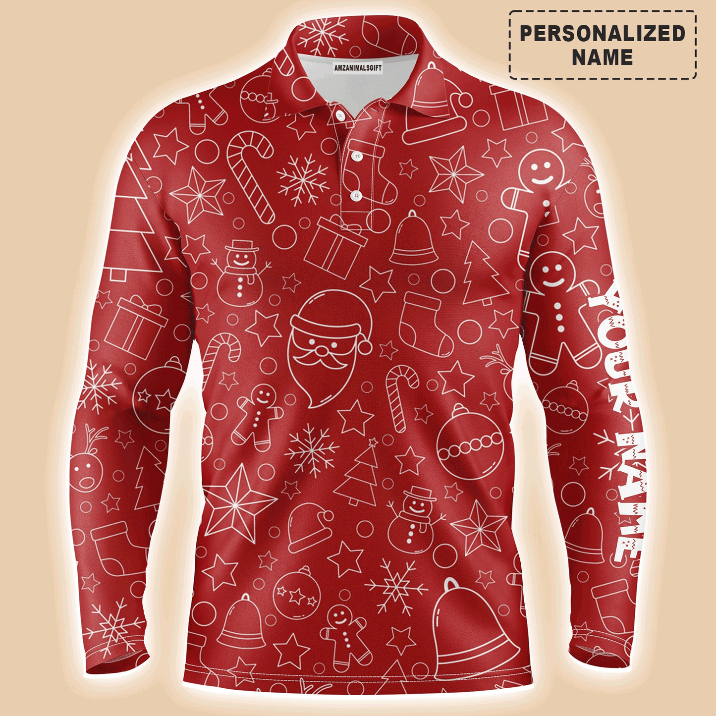 Custom Golf Long Sleeve Men Polo Shirt - Custom Name Beautiful Red Xmas Pattern, Christmas Apparel Sports Gifts For Men, Golf Lover