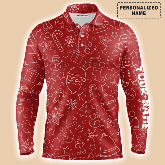 Custom Golf Long Sleeve Men Polo Shirt - Custom Name Beautiful Red Xmas Pattern, Christmas Apparel Sports Gifts For Men, Golf Lover