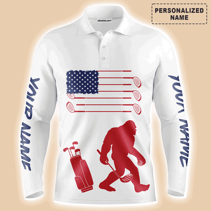 Custom Golf Long Sleeve Men Polo Shirt, Bigfoot Golf Custom Name Men Polo Shirt,Custom Name American Flag Bigfoot Patriotic Polo Shirt For Men