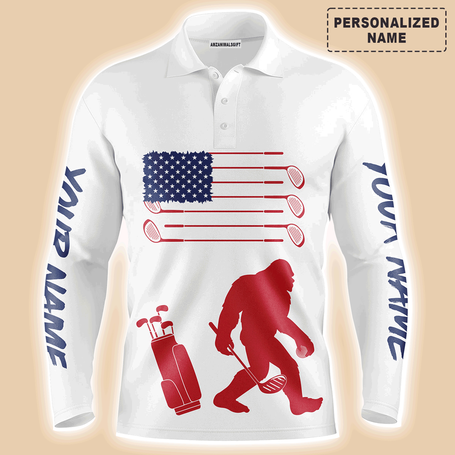 Custom Golf Long Sleeve Men Polo Shirt, Bigfoot Golf Custom Name Men Polo Shirt,Custom Name American Flag Bigfoot Patriotic Polo Shirt For Men