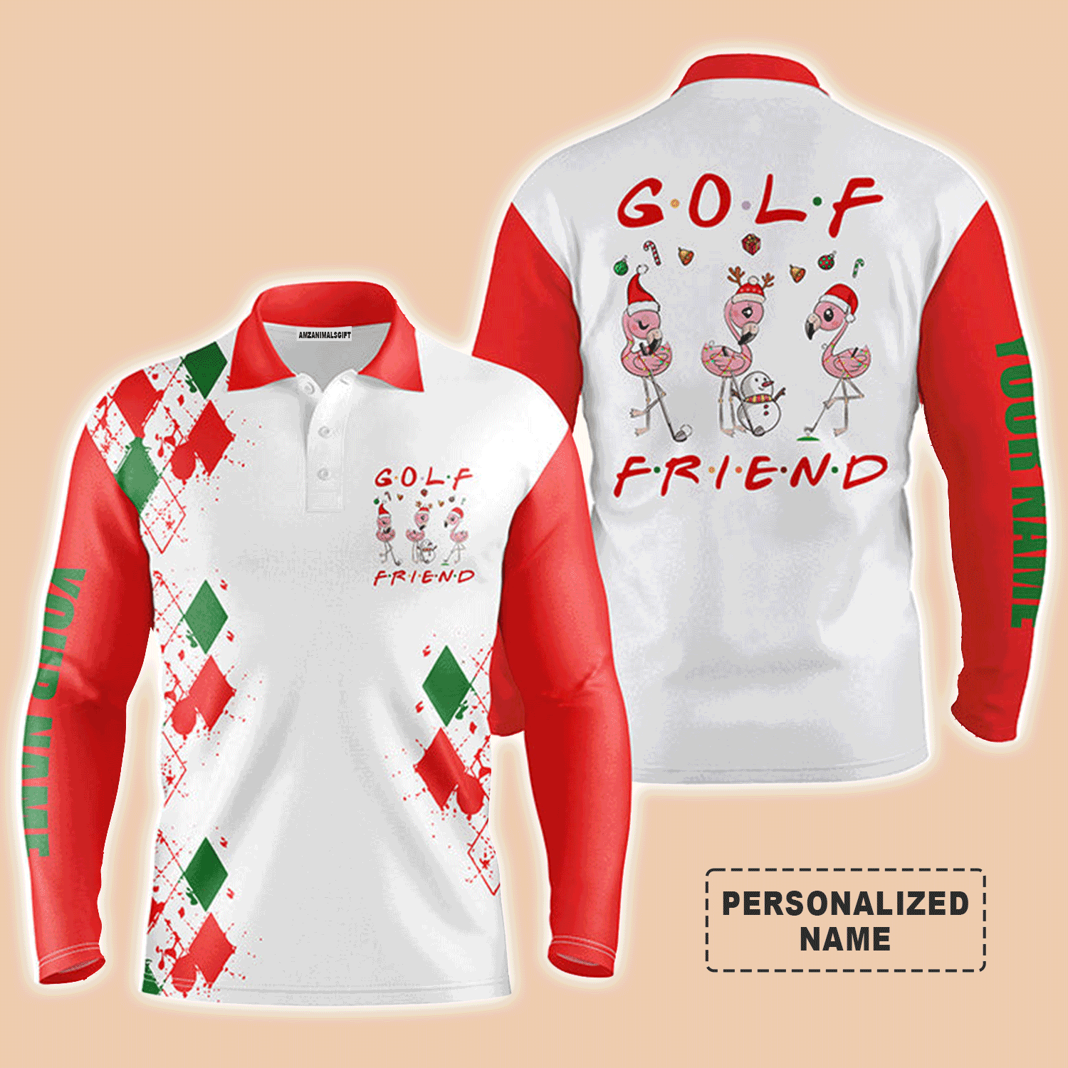 Custom Golf Long Sleeve Men Polo Shirt - Funny Christmas Custom Name Flamingo Golf Friend - Personalized Gift For Men, Golf Lover