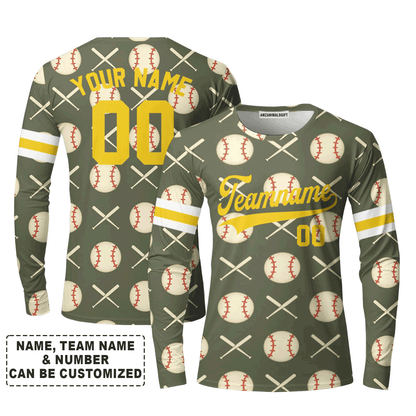 Customized Baseball Long Sleeve Shirt, Olive Baseball Striped Pattern Custom Long Sleeve Shirt - Perfect Long Sleeve Shirt For Men & Woman, Baseball Lovers