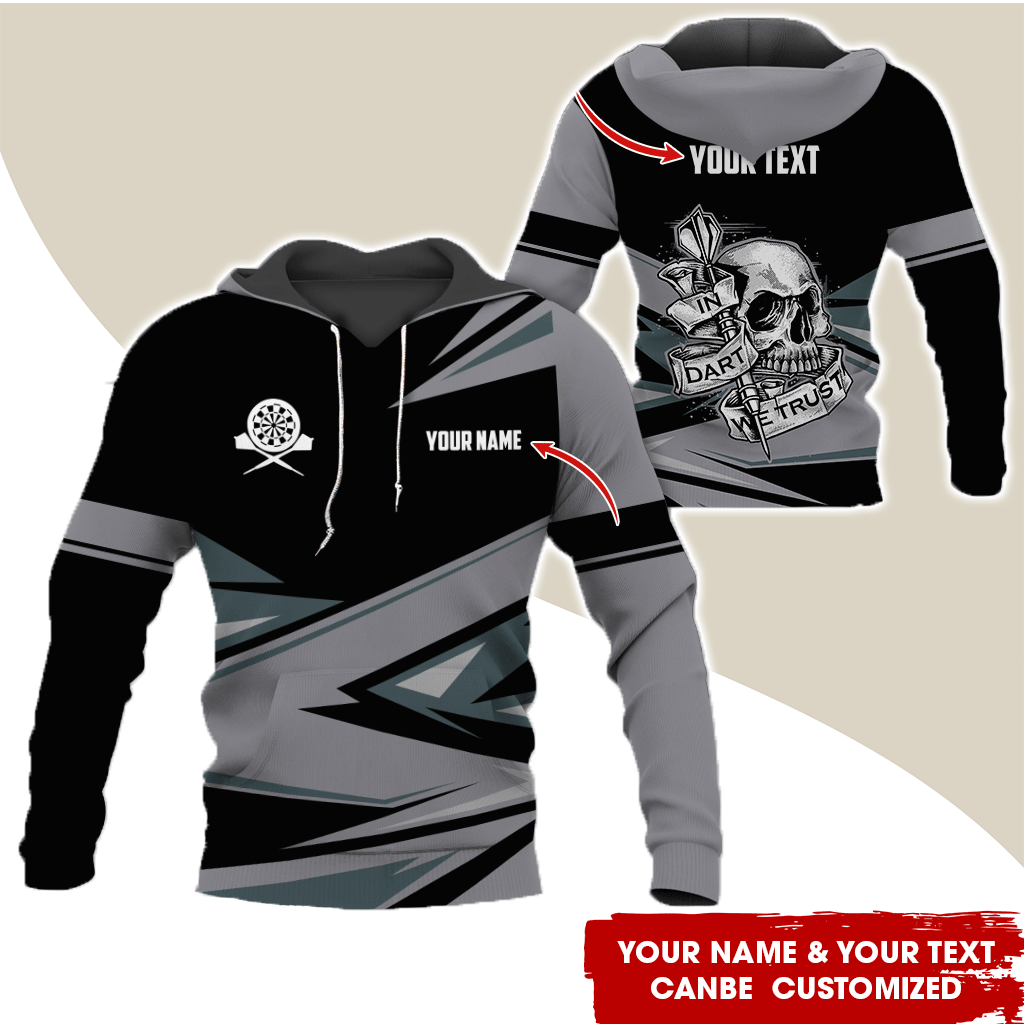 Customized Name & Text Darts Skull Premium Hoodie, In Darts We Trust Hoodie For Men & Women, Perfect Gift For Darts Lovers, Friend, Family