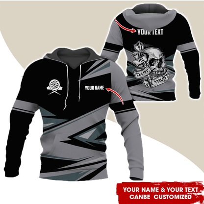 Customized Name & Text Darts Skull Premium Hoodie, In Darts We Trust Hoodie For Men & Women, Perfect Gift For Darts Lovers, Friend, Family