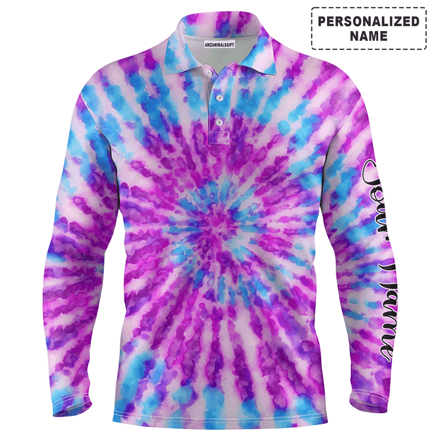 Custom Golf Long Sleeve Men Polo Shirt-Watercolor Purple Tie Dye Pattern Custom Name Apparel Men Golf Polo Shirt- Personalized Gift For Men,Golf Lover