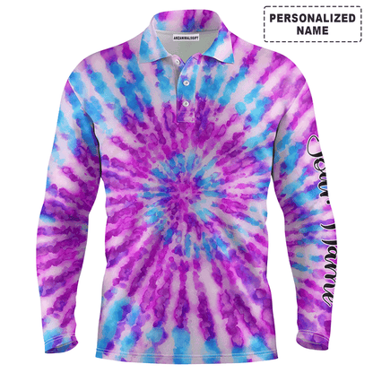 Custom Golf Long Sleeve Men Polo Shirt-Watercolor Purple Tie Dye Pattern Custom Name Apparel Men Golf Polo Shirt- Personalized Gift For Men,Golf Lover