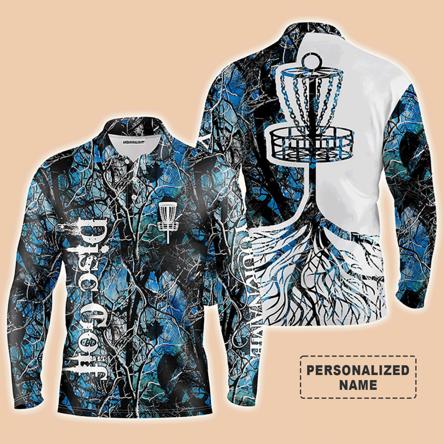 Custom Disc Golf Long Sleeve Men Polo Shirt - Custom Name Blue Camo Disc Golf Basket Apparel - Personalized Gift For Men, Disc Golf Lover