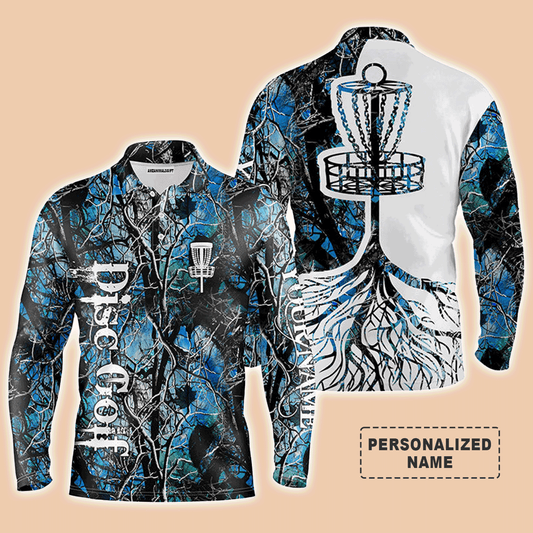 Custom Disc Golf Long Sleeve Men Polo Shirt - Custom Name Blue Camo Disc Golf Basket Apparel - Personalized Gift For Men, Disc Golf Lover