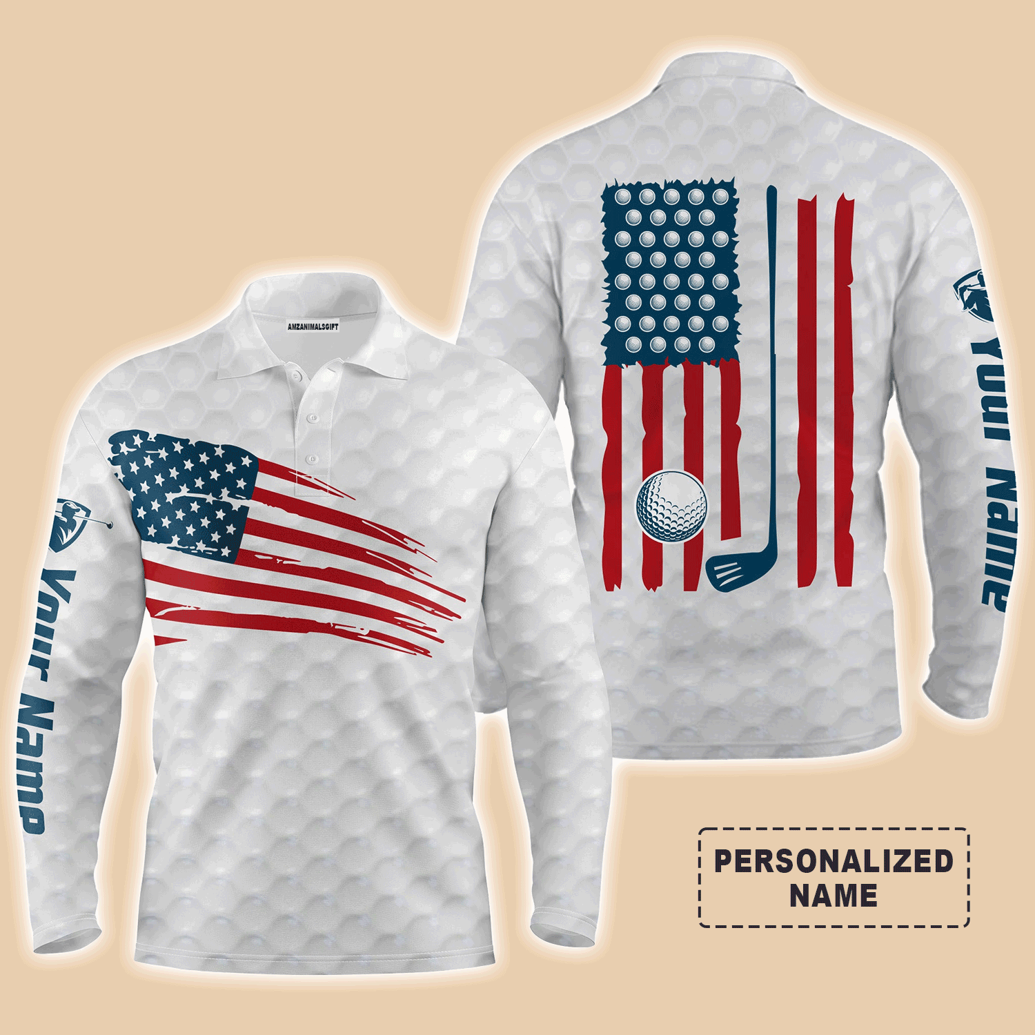 Custom Golf Long Sleeve Men Polo Shirt, Custom Name Multicolor American Flag Patriotic Apparel - Perfect Gifts For Men, Golf Lover