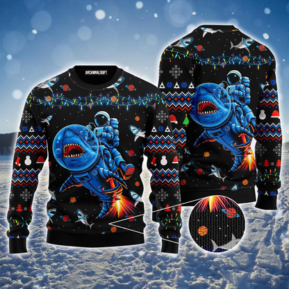 Astronauts Ugly Sweater, Funny Astronauts Ride A Shark In Space With The Planet Ugly Sweater For Men & Women, Perfect Gift For Christmas, Friends, Family