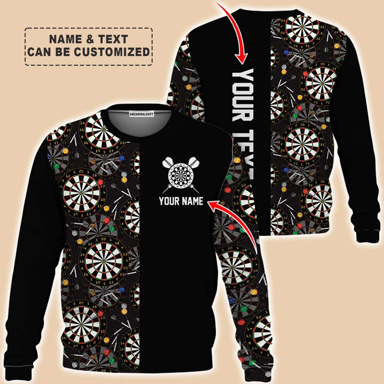 Personalized Name & Text Darts Sweatshirt, Customized Name Watercolor Dartboard Sweatshirt For Men & Women - Gift For Darts Lovers, Darts Players