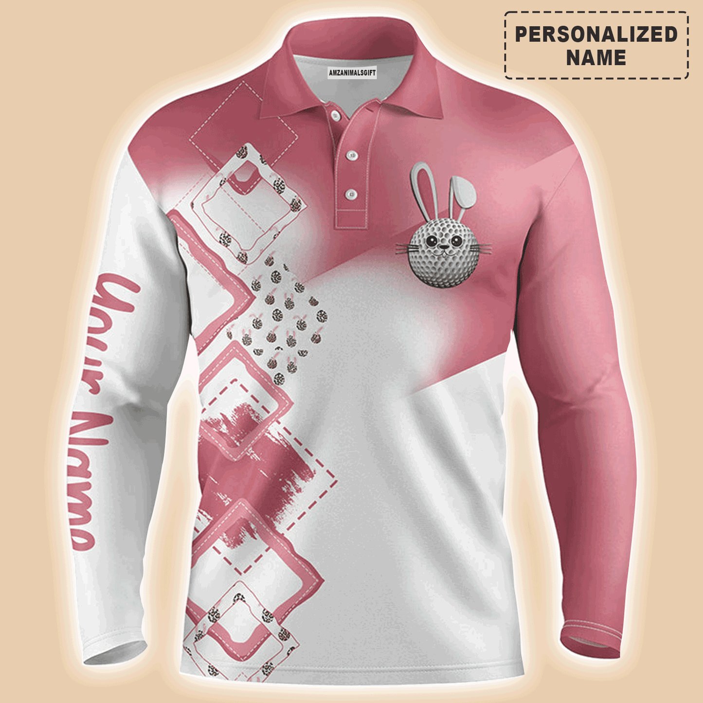 Custom Golf Long Sleeve Men Polo Shirt - Custom Name Pink Easter Eggs Bunny Apparel - Personalized Easter Gift For Men, Golf Lover