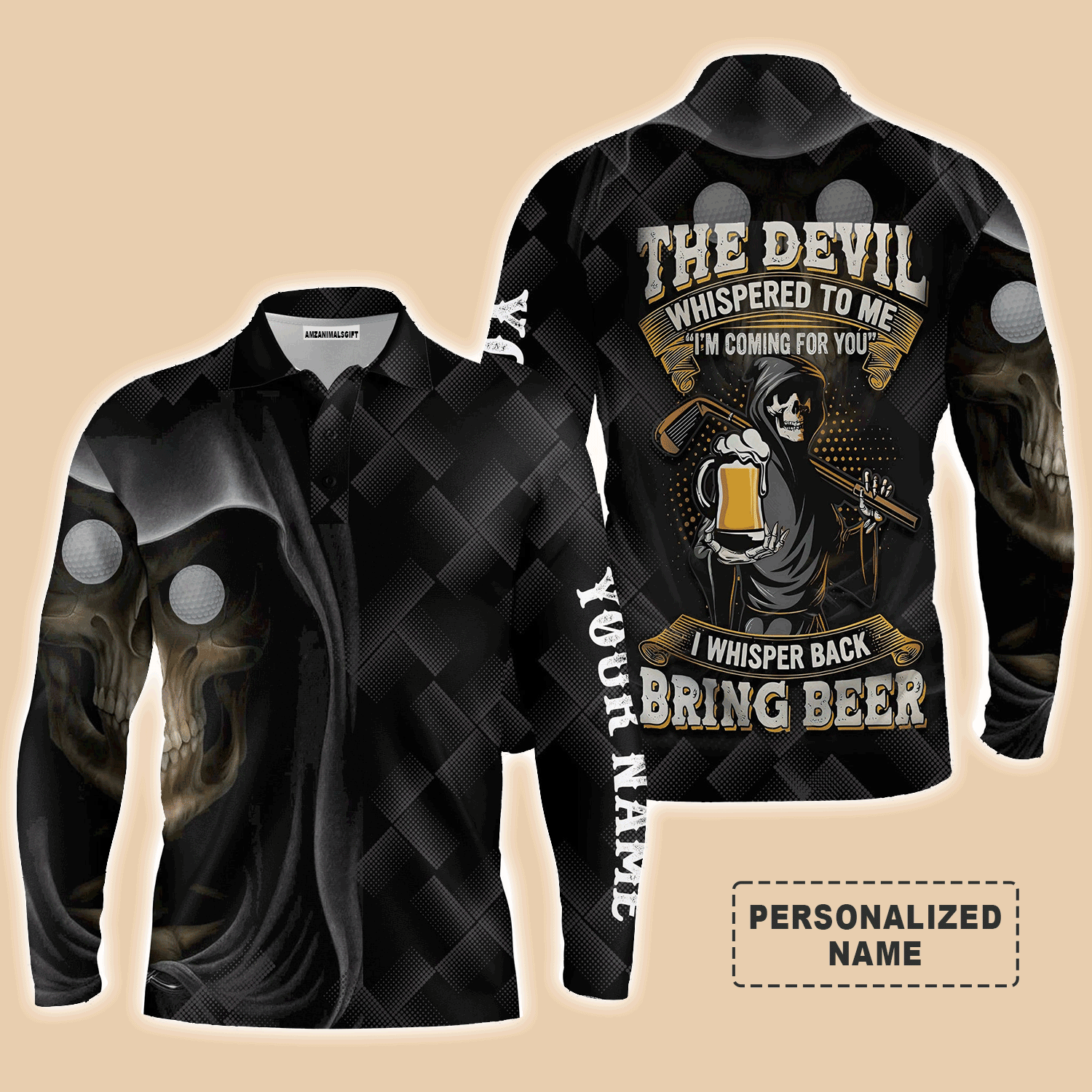 Custom Golf Long Sleeve Men Polo Shirt - Beer And Golf Men Polo Shirt - The Devil Whispered To Me, Bring Beer Polo Shirt For Men