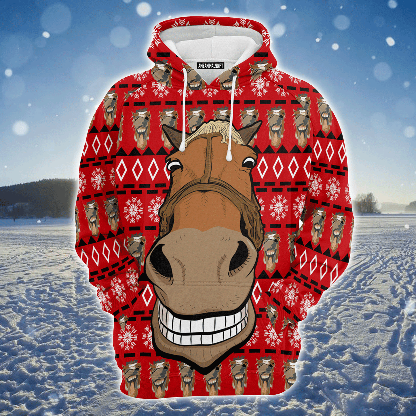 Horse Face Premium Christmas Hoodie, Funny Horse Christmas Tree Unisex Red Hoodie For Men & Women - Perfect Gift For Christmas, Family