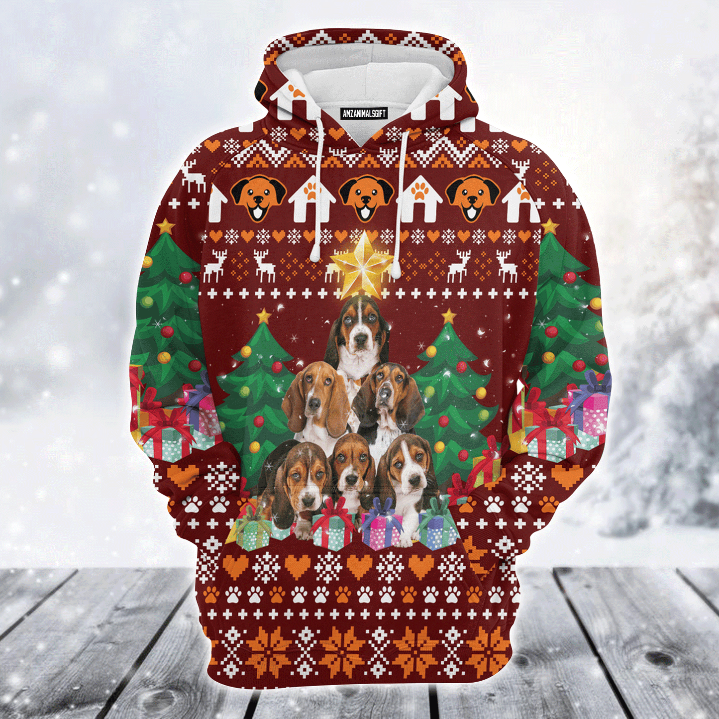 Basset Hound Premium Christmas Hoodie, Basset Hound Pine Tree Christmas Unisex Hoodie For Men & Women - Perfect Gift For Christmas, Friends, Family