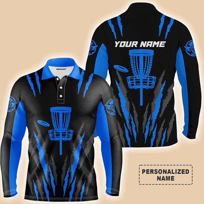 Custom Disc Golf Long Sleeve Men Polo Shirt -  Custom Name Black And Blue Disc Golf Basket Apparel Men Polo Shirt For Men, Disc Golf Lover