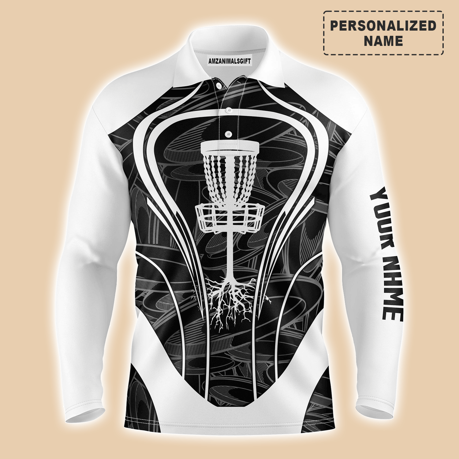 Custom Disc Golf Long Sleeve Men Polo Shirt -  Black And White Disc Golf Basket Custom Name Apparel - Personalized Gift For Disc Golf Lover, Family