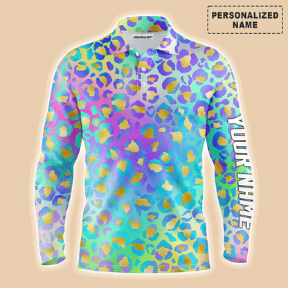 Custom Golf Long Sleeve Men Polo Shirt - Custom Name Multicolor Neon Leopard Pattern Apparel Men Polo Shirt - Personalized Gift For Men, Golf Lover