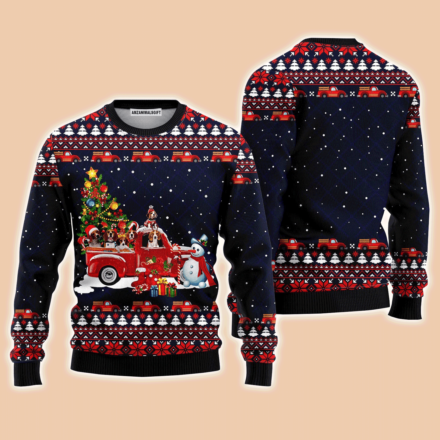 Funny Dogs With Red Truck Christmas Holiday Sweater, Ugly Sweater For Men & Women, Perfect Outfit For Christmas New Year Autumn Winter