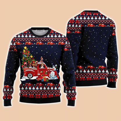 Funny Dogs With Red Truck Christmas Holiday Sweater, Ugly Sweater For Men & Women, Perfect Outfit For Christmas New Year Autumn Winter