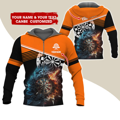 Personalized Name & Text Darts Premium Zip Hoodie, Customized Name Cloudy Fire Darts Zip Hoodie For Men & Women - Gift For Darts Lovers, Darts Players