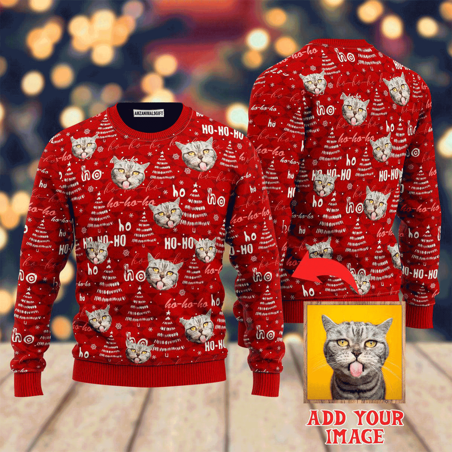 Custom Photo Funny Cat On Red Sweater, Ugly Sweater For Men & Women, Perfect Outfit For Christmas New Year Autumn Winter