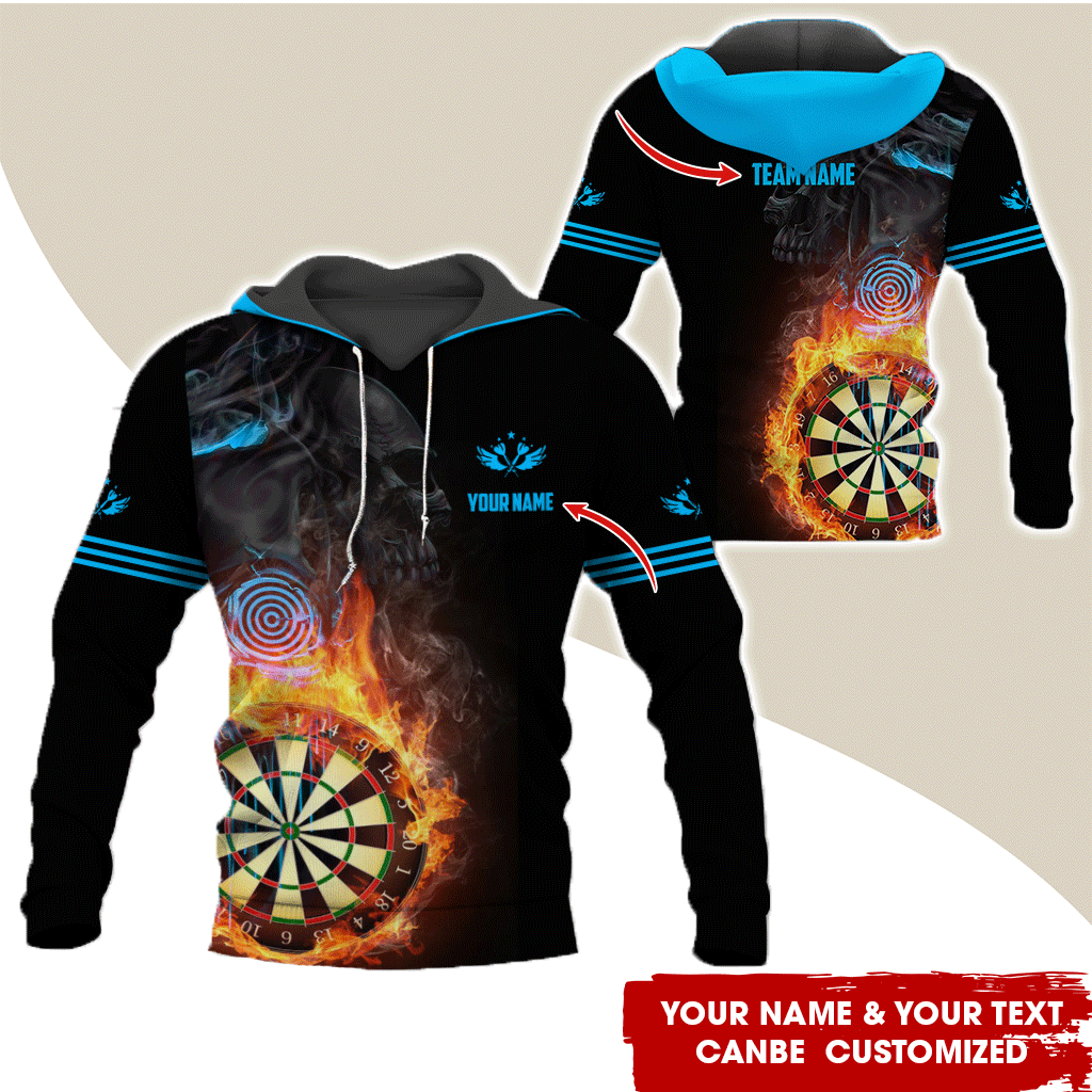 Customized Name & Text Darts SKull Premium Hoodie, Flaming Dartboards Pattern Hoodie For Men & Woman, Perfect Gift For Darts Lovers, Darts Player