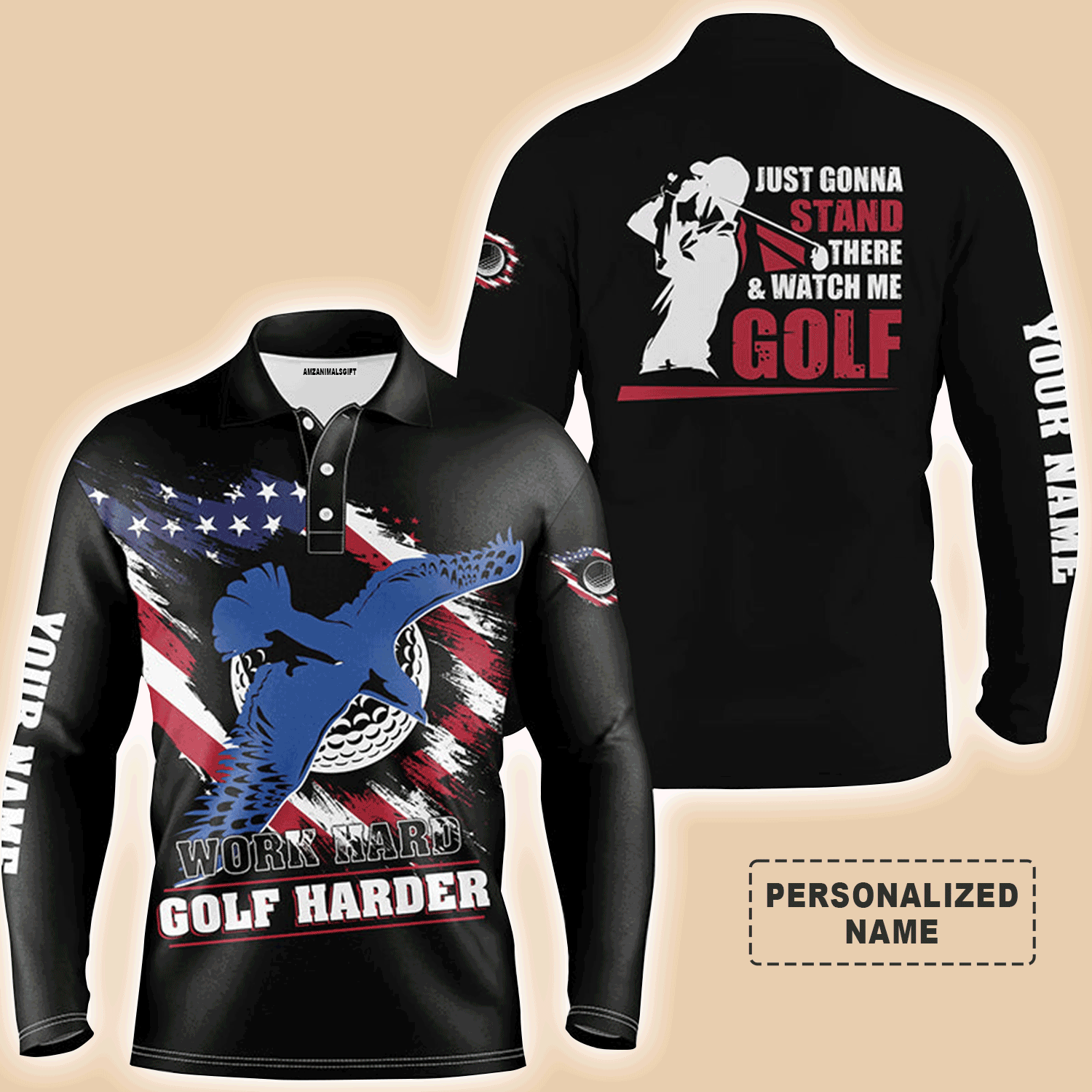 Custom Golf Long Sleeve Men Polo Shirt - Work hard Golf harder Albatross American Flag Polo Shirt, Golf Shirt For Men, Golf Lover