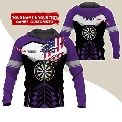 Customized Name American Flag Darts Premium Zip Hoodie, Personalized Black Pattern Zip Hoodie For Men & Women - Gift For Darts Lovers, Darts Players