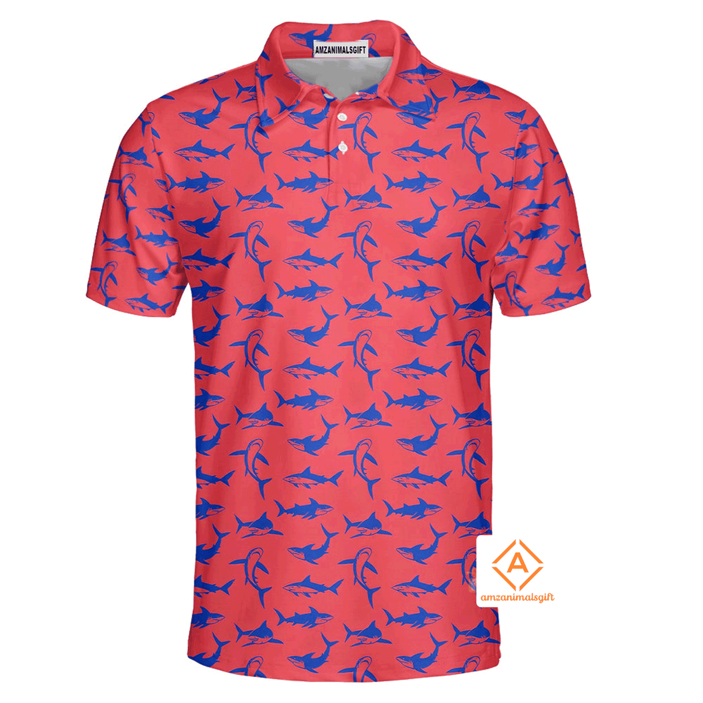 Shark Men Polo Shirt, Under Water Frenzy Red Polo Shirt For Men, Shark Lovers