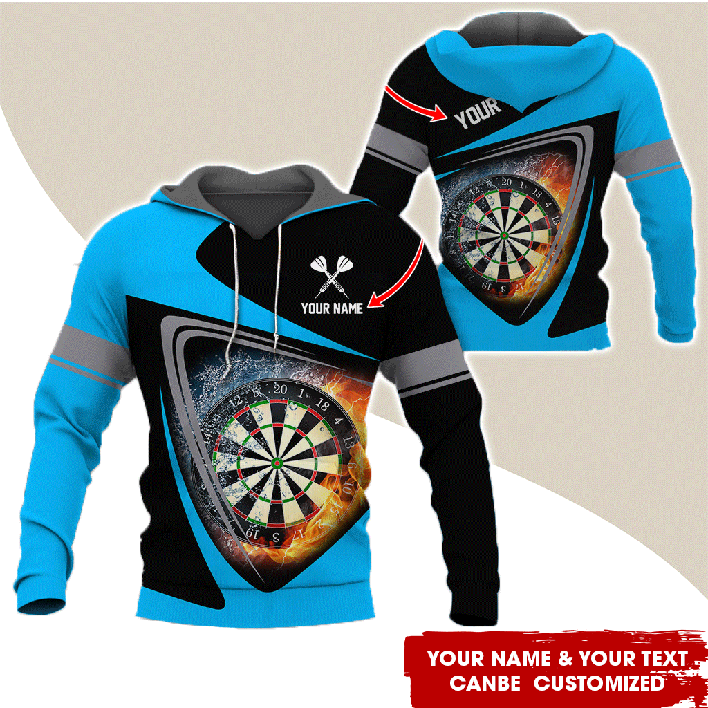 Customized Name & Text Darts Premium Hoodie, Fire & Water Dartboards Pattern Hoodie, Perfect Gift For Darts Lovers, Darts Player